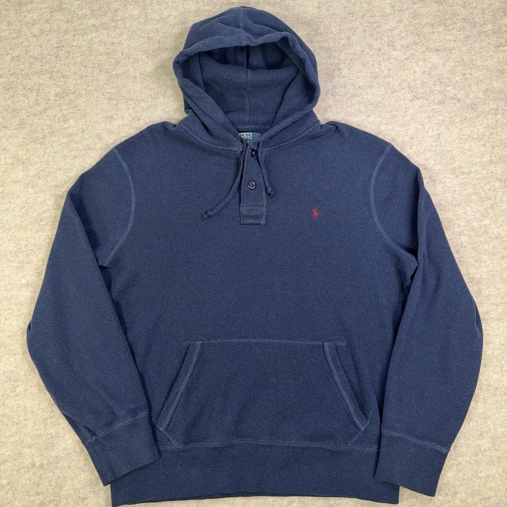 Vtg Polo Ralph Lauren Henley Hoodie Mens Large Blue Waffle Thermal‎ Hood 90s